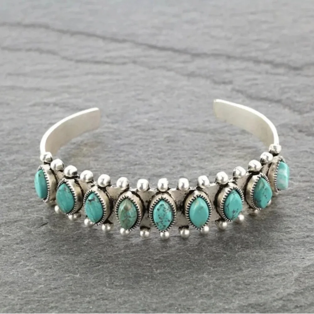 TIBETAN ETCHED SILVER BRACELET W/TURQUOISE /BLUE AGATE/ CORAL/OPAL STONES - Picture 6 of 12